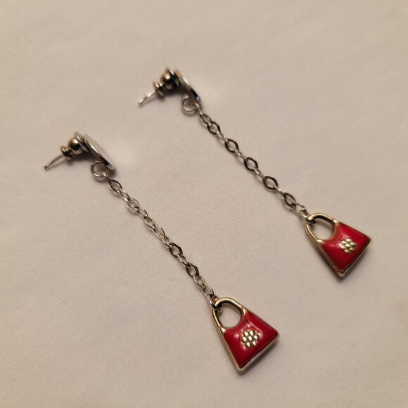 Red Earrings Drop Dangle Silver Red Handbag Elegant - Picture 4 of 5